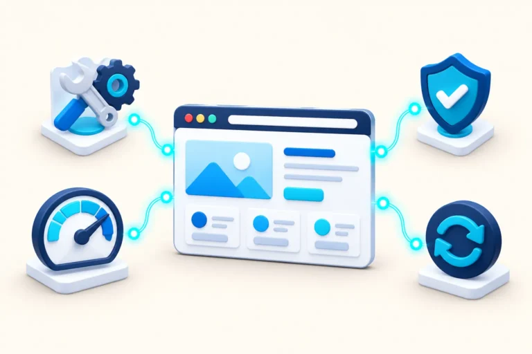Website surrounded by maintenance, security, speed and update icons: All About Inclusive website built and managed
