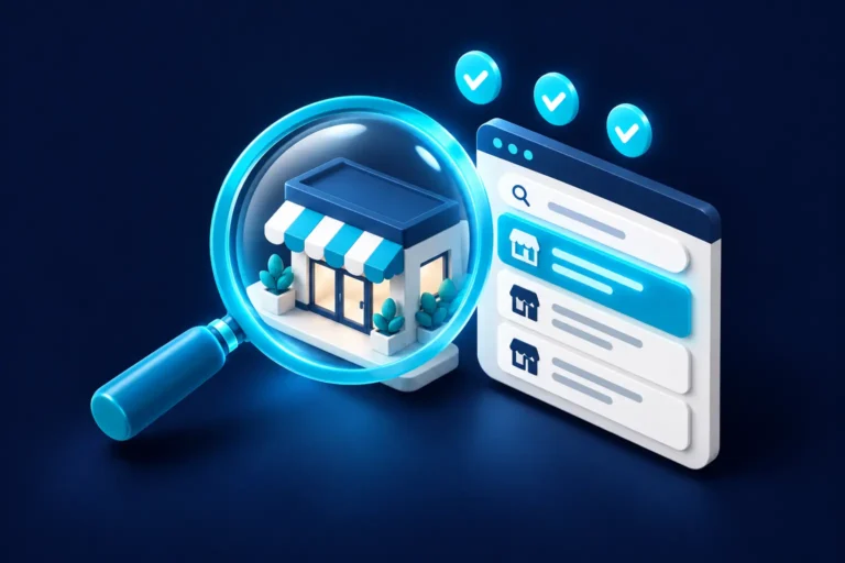 Magnifying glass over a storefront next to search results with check marks: free growth audit
