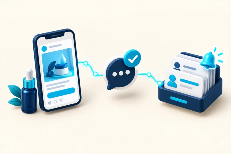 Phone ad flowing into a WhatsApp chat and a CRM card file with reminders: Meta ads to WhatsApp to CRM