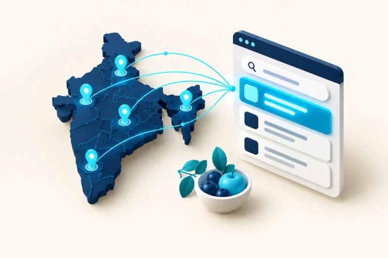 Isometric map of India with city pins linked to search results: multi-city SEO for a nutrition brand