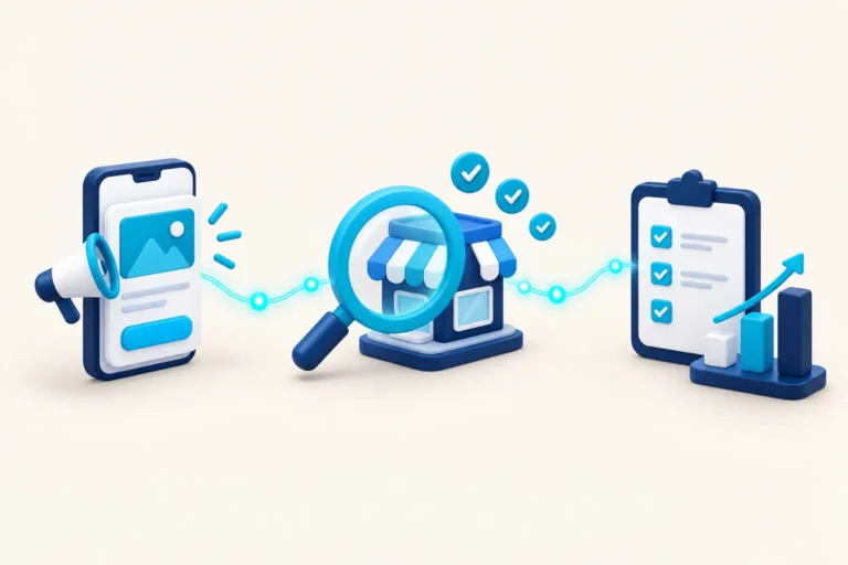 Phone ad, a shop under a magnifying glass and a growth checklist: marketing for more brands