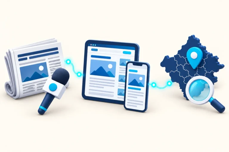 Newspaper and microphone linked to a news website on tablet and phone and a Rajasthan map: News Fact Rajasthan news website