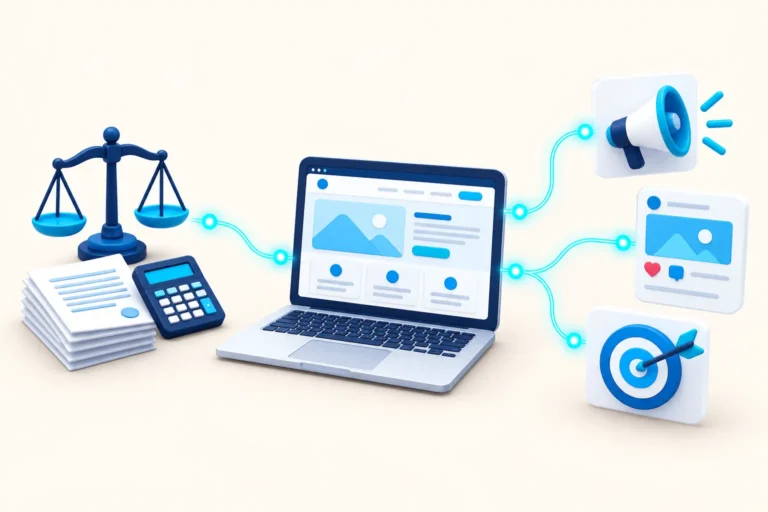 Scales of justice and tax papers linked to a website, ads and social media: TaxLawgic website, ads and social media
