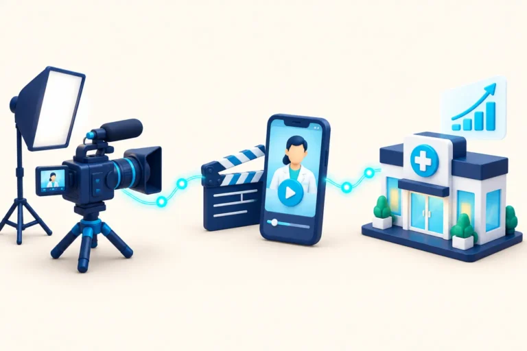 Video camera, clapperboard and a doctor video on a phone linked to a clinic with a rising graph: shoots and marketing for Xpert Lab