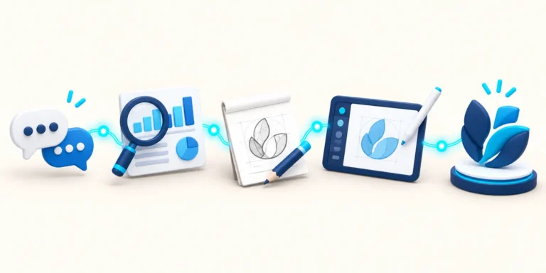 Logo design process: understand the brief, research, rough sketch, digital draft and final logo