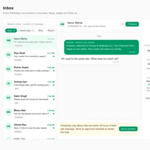 QV Connect shared WhatsApp inbox with conversation list, chat and customer details