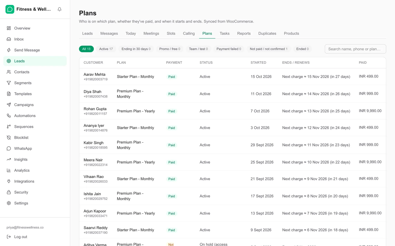 QV Connect plans view listing each customer's plan, payment status and renewal date