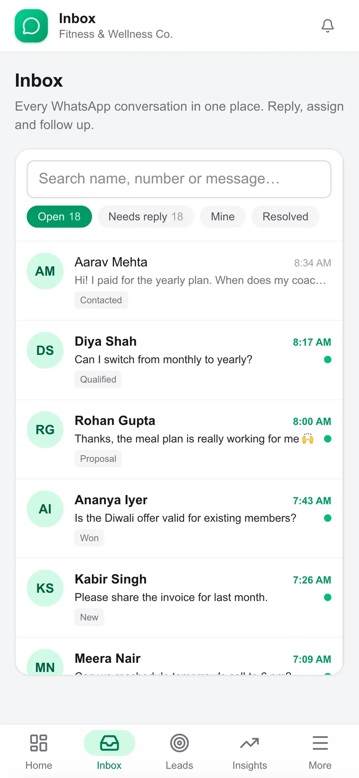 QV Connect mobile app view of the WhatsApp inbox